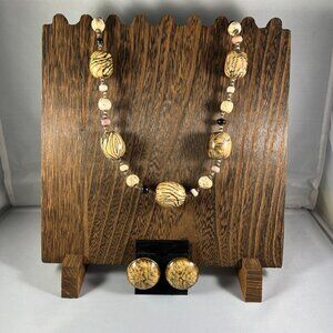 Vintage Zebra Print Beaded Necklace & Clip-On Earrings Set